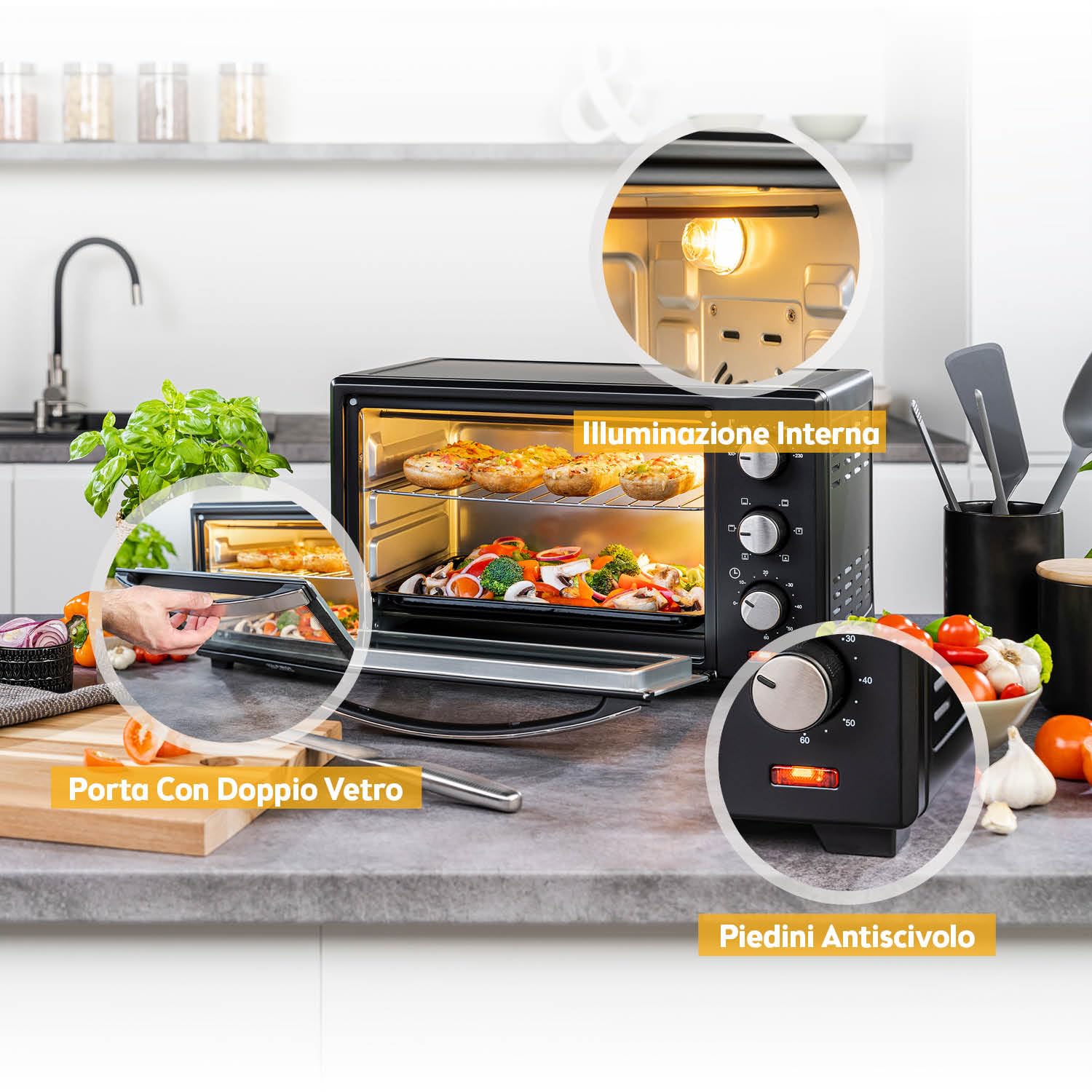 TZS First Austria - Mini Forno 20L 1380W - Fornetto con regolazione della temperatura fino a 230°C - Con timer di 60 min, 3 altezze di inserimento, teglia e griglia - Per cucine piccole e campeggio