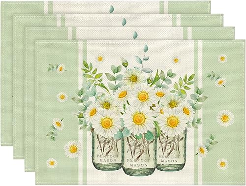 Artoid Mode Juego de 4 manteles individuales con diseño de margaritas y hojas de eucalipto para mesa de comedor, 12 x 18 pulgadas, primavera,
