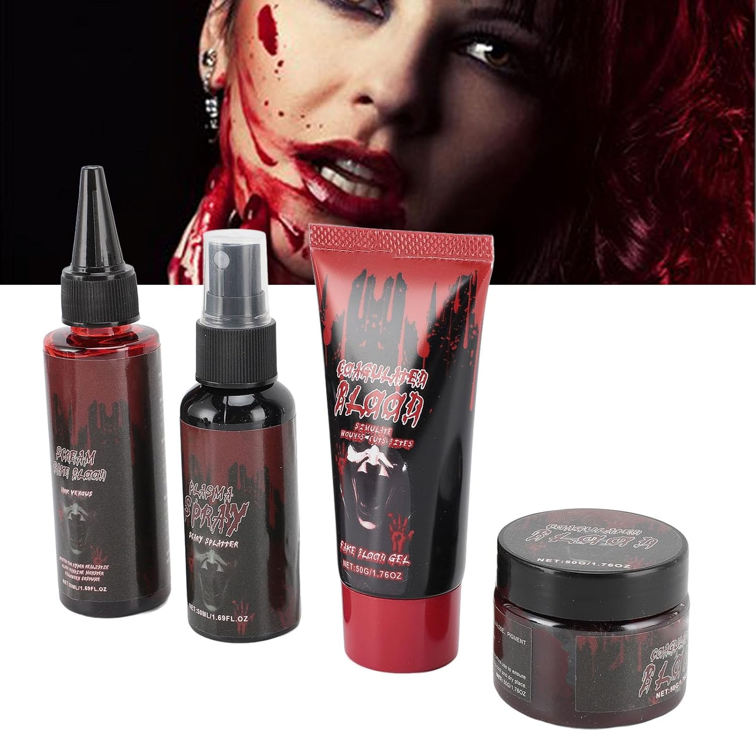 4PCS Fake Blood Makeup Kit, Special Effect Makeup Set, Realistic Coagulated Blood Gel and Blood Spray for Halloween Cosplay Costume Party, Safe Washable Fake Blood with Easy Clean