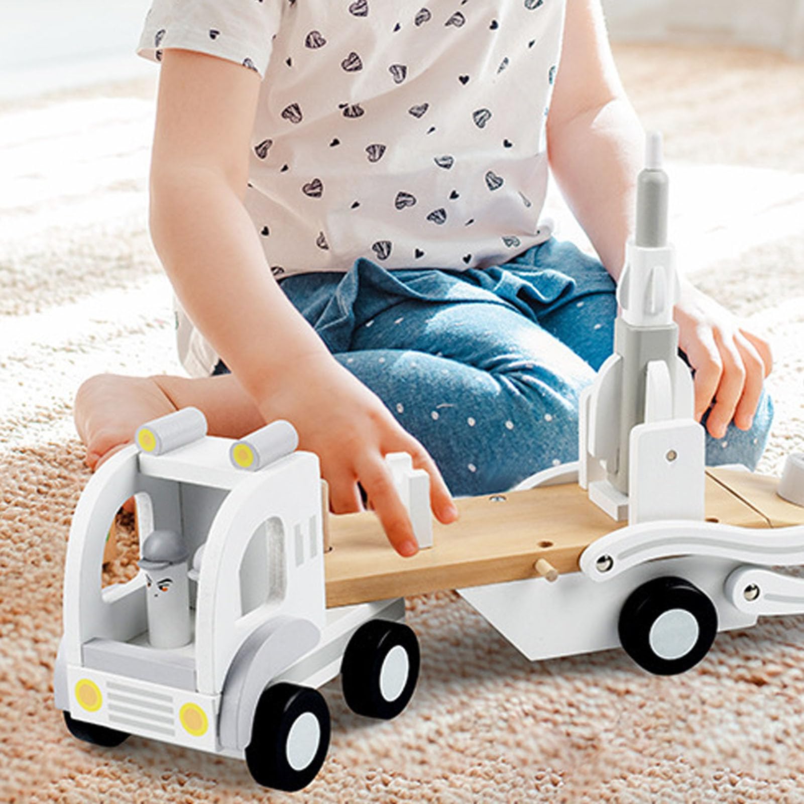 Camión Portacoches Conjunto De Juego De Transporte De Cohete De Madera | Camión de Juguete para Transportar Coches Para Niños y Niñas, para Juego de Construcción y de