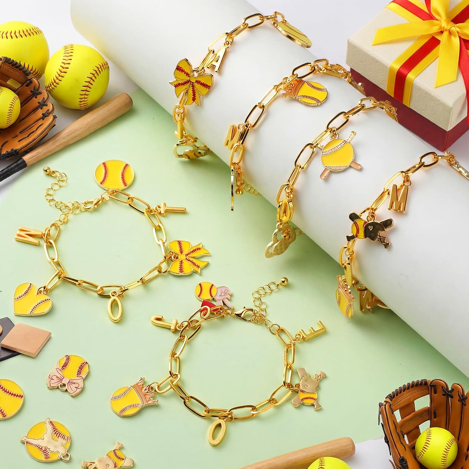 Kigeli 394 Pcs Softball Baseball Charms Bracelets Making Kit Sports Bracelets for Women DIY Name Football Soccer Jewelry Craft Adjustable Gold Letter Charm for Sport Team Gift(Softball,Yellow)