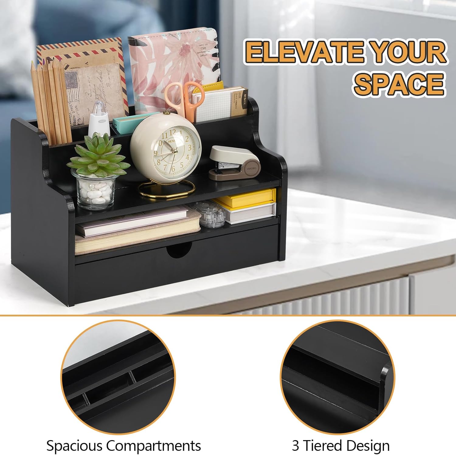Mail Organizer Countertop, 4 Slots Desk Organizer with Drawer and Shelf, Wooden Mail Sorter for Desk, Desktop File Holders for Storage Pens, Envelopes and Bills