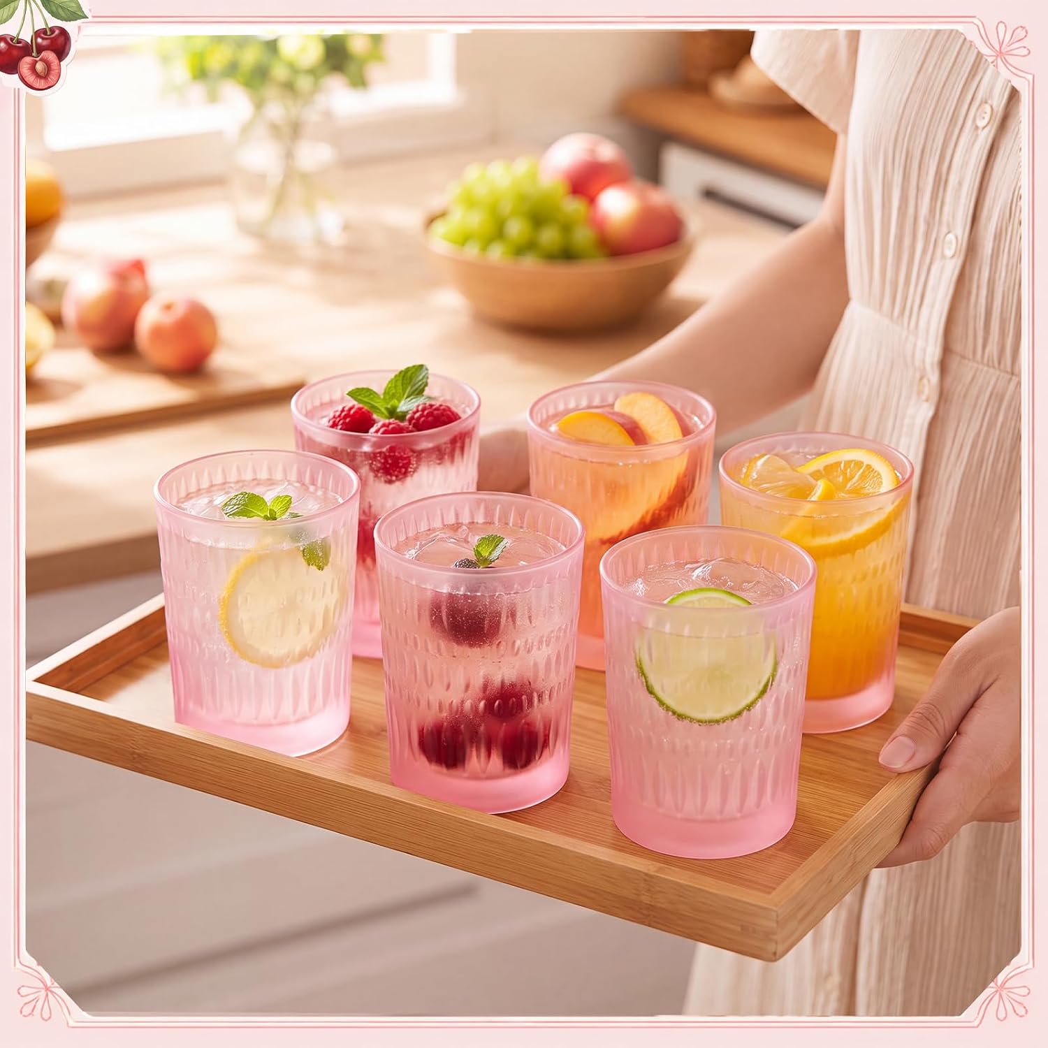 Honeydak 6 Pack Pink Colored Drinking Cups Glasses 10 oz Ribbed Glass Cups Vintage Glassware for Cocktail, Whiskey, Beer, Water, Juice