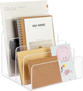 MaxGear Acrylic File Holder, 4 Section Desk Organizer for Envelopes, Letters, Documents, Notebooks, and Electronics, Clear Vertical File Sorter