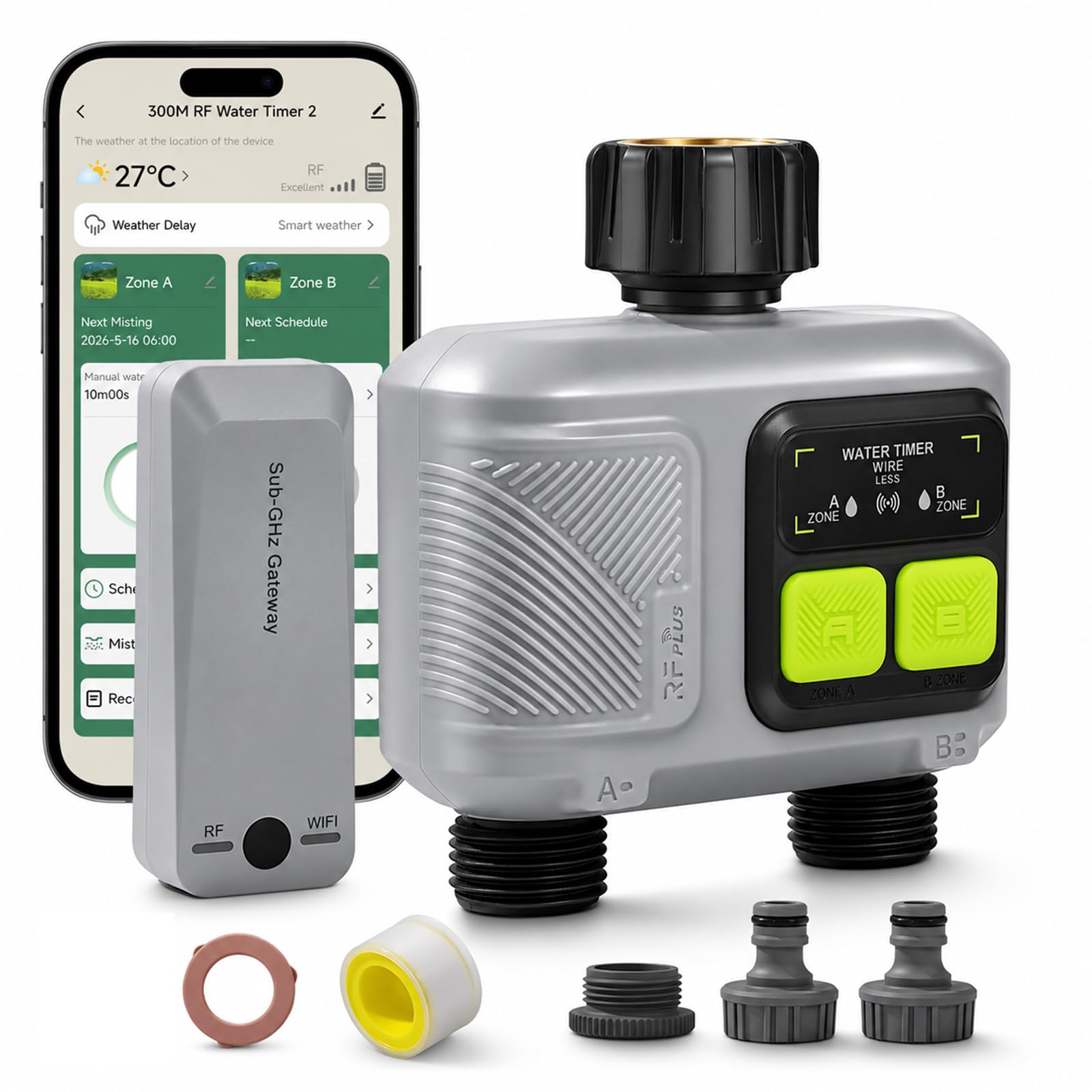 2 Voies Programmateur Arrosage WiFi Passerelle RF 300 Mètres, Minuteur Arrosage Automatique Permet Un Contrôle à Distance Via Application, Commande Vocale et le Mode Manuel, Fonction de retard pluie