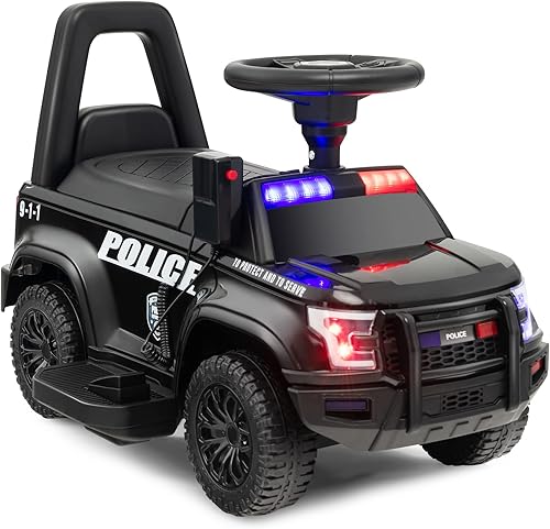 Miniatura 10 de HONEY JOY Coche eléctrico de empuje auto de policía con batería con megáfono luces sirena almacenamiento debajo del asiento autos deslizantes de pie