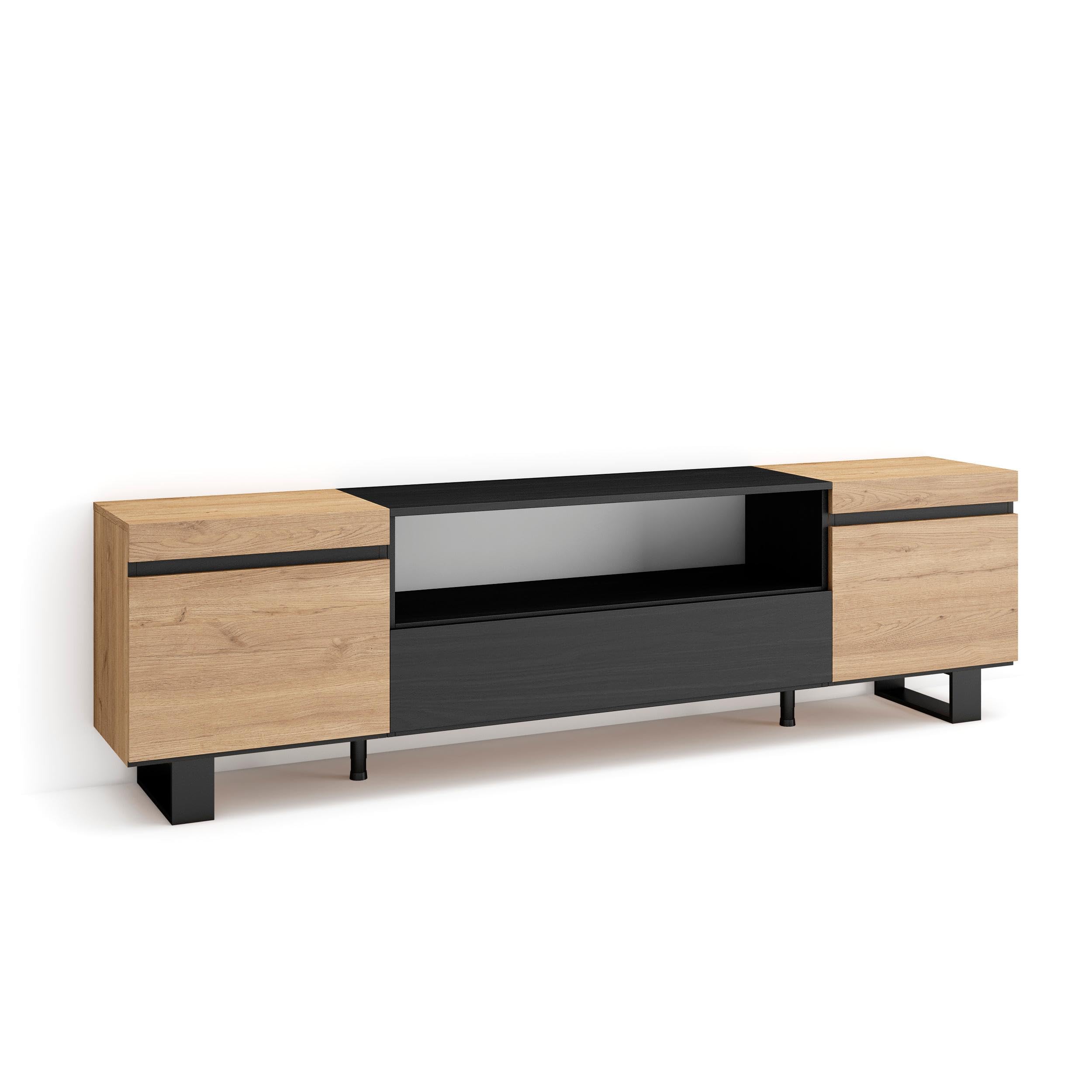 Skraut Home | Mueble TV | Televisión | Muebles de salón, almacenaje | 200x57x35cm | para TV hasta 80" | Diseño Industrial | Estilo Moderno | Roble y Negro