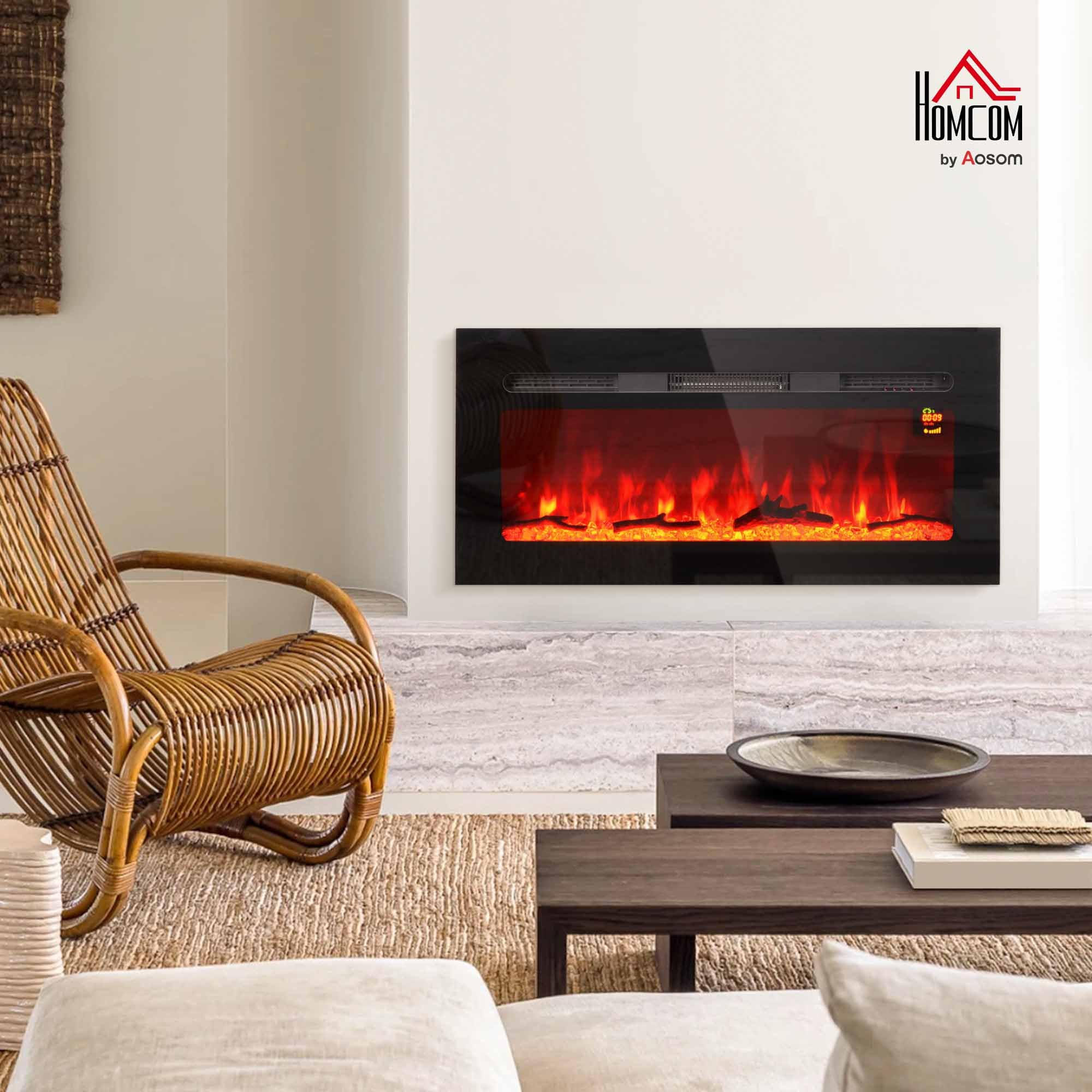 HOMCOM Cheminée électrique 1800 W Mural ou encastrable Fausse cheminée avec Effet Flamme en LED 3 Couleurs 5 luminosités, bûche et Cristal, minuterie, température 15-40℃, télécommande, 91,4L cm, Noir