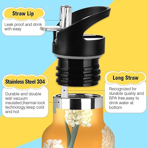 Miniatura 3 de Hyacinths - Botella de agua de metal para niños con tapa de boquilla a prueba de fugas, aislamiento al vacío de doble pared ligera para viajes,