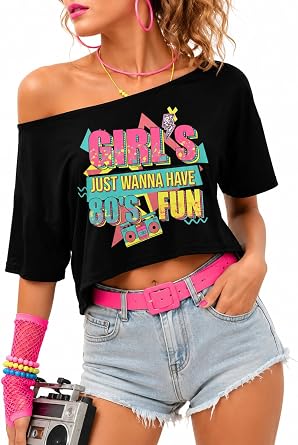 80s Shirt for Women Neon Off The Shoulder Crop Tops Girls Just Wanna Have 80s Fun Graphic Tee