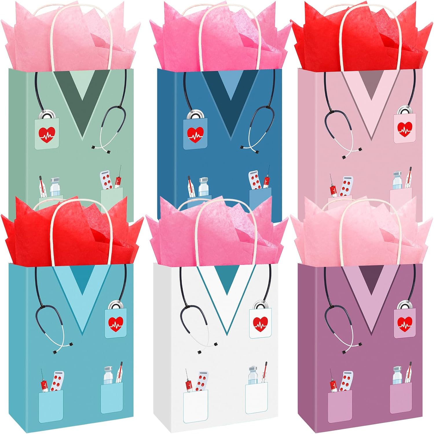 JarThenaAMCS 60Pcs Nurse Appreciation Paper Bags with 60 Sheets Pink Red Tissue Paper Nurse Graduation Candy Treat Bags with Handles for Doctor Medical School Grad Party Supplies