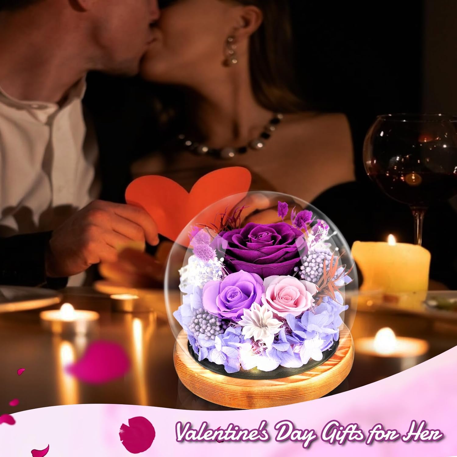 Preserved Flowers Rose in Glass Dome Forever Flowers Valentines Day Gifts for Her Eternal Roses with Light Long-Lasting Real Flowers Mothers Day Birthday for Women Mom Grandma, Purple - Image 8