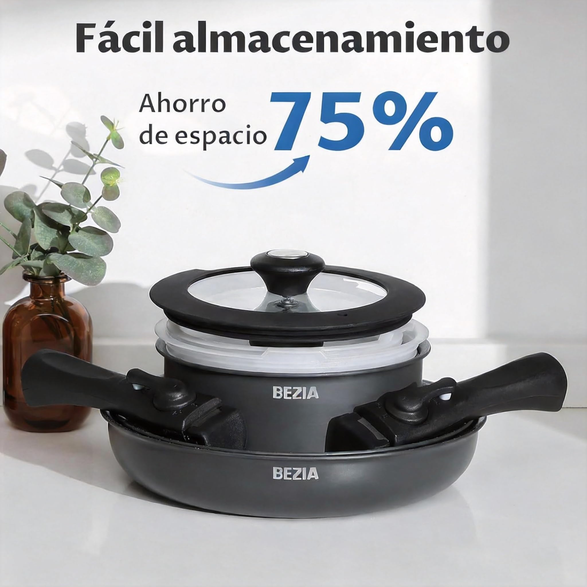 BEZIA Juego de Ollas y Sartenes 10 piezas, Batería de Cocina Antiadherente, Mango Desmontable, No Tóxico Sin PFOA, Apta para Inducción, Gas, Vitrocerámica y Horno, Apilable, Fácil de Limpiar