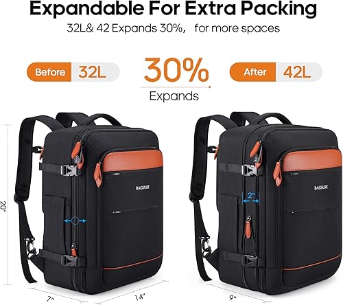 Miniatura 3 de Bagsure Mochila de viaje 42L Mochila de transporte aprobada por vuelo Mochila expandible Maleta Mochila Equipaje Daypack, Negro-marrón (mochila con