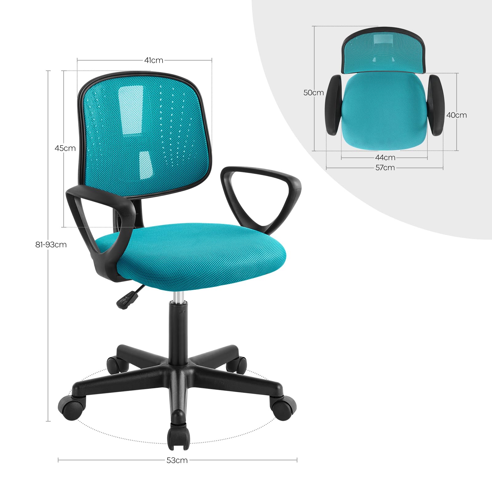 Sedia da Scrivania per Bambini, Sedia da Studio Girevole, Sedie Ergonomica con Ruote, Tessuto a Rete Traspirante, Sgabello Girevole con Schienale Regolabile Automaticamente, Turchese, K0006BS