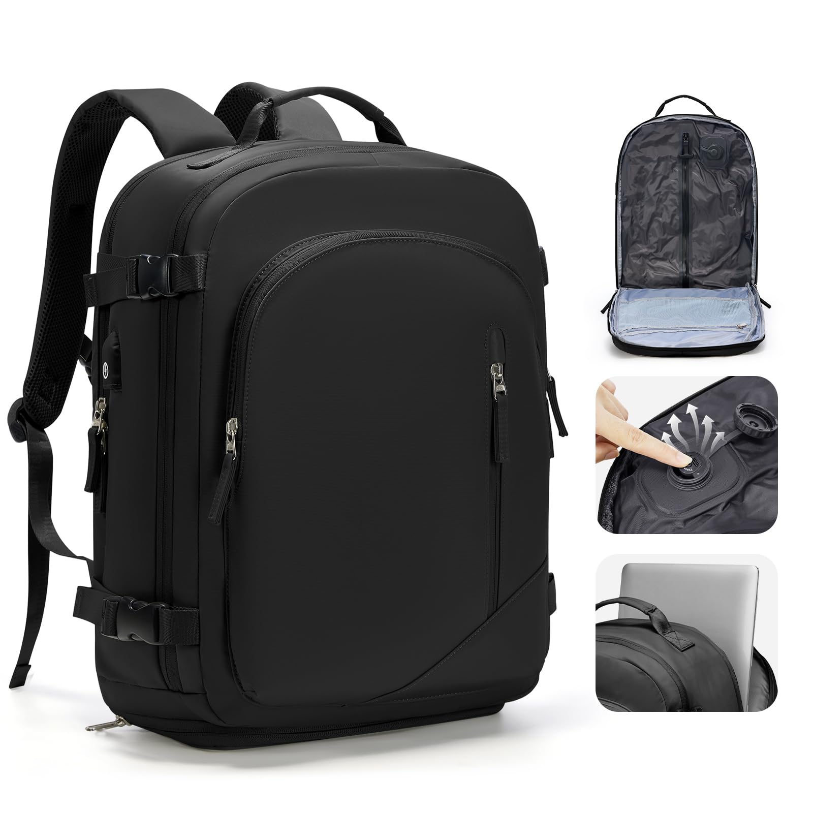 kibachev Zaino EasyJet 45x36x20 Sottovuoto Con Pompa Nero Zaino da Viaggio Aereo Bagaglio a Mano EasyJet 45x36x20 Con Sottovuoto Incorporato Grande Zaini Donna Uomo