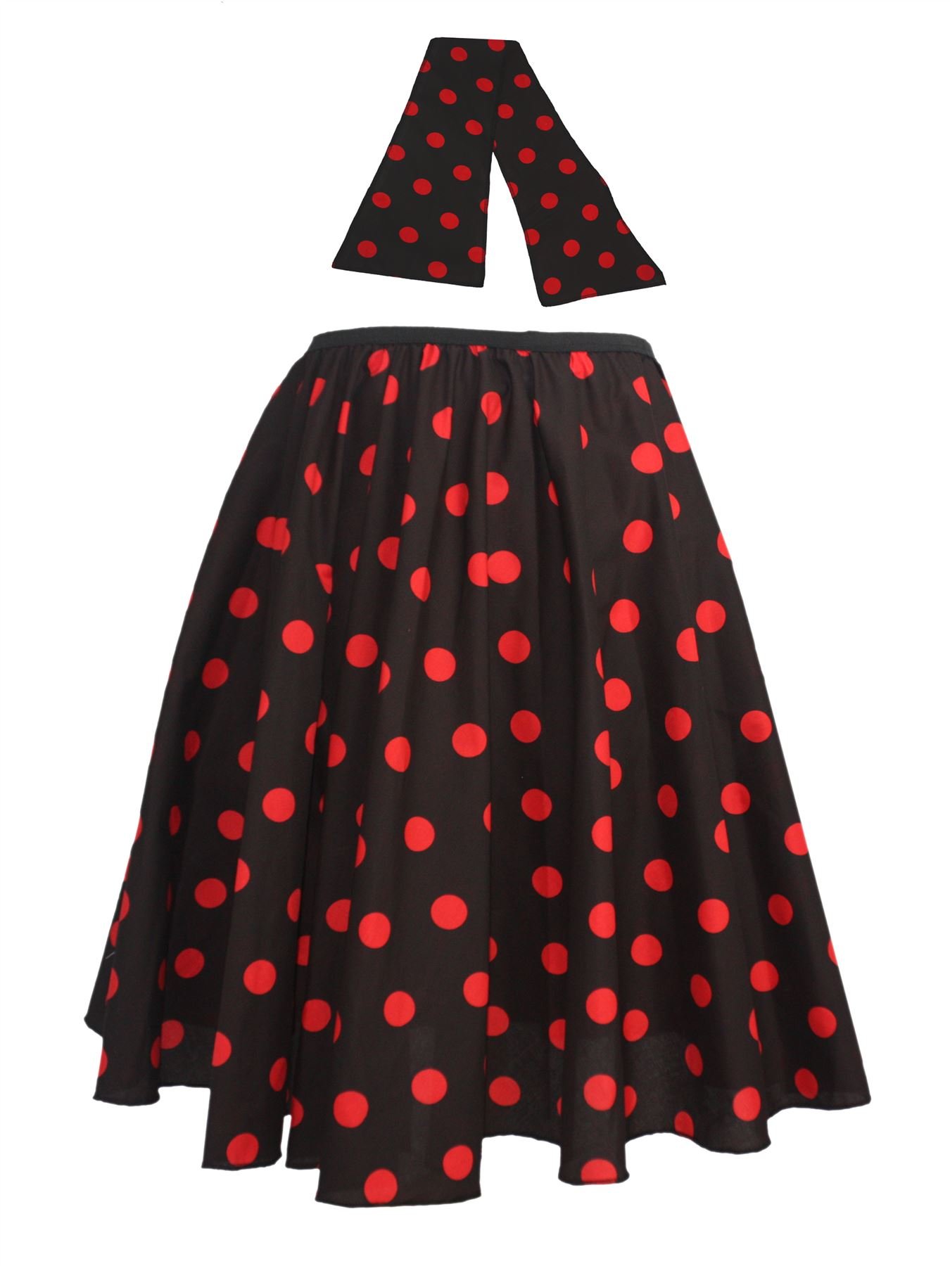 Adults 22" Length Black & Red Polka Dot Rock & Roll Skirt & Necktie Fancy Dress [L-XL]