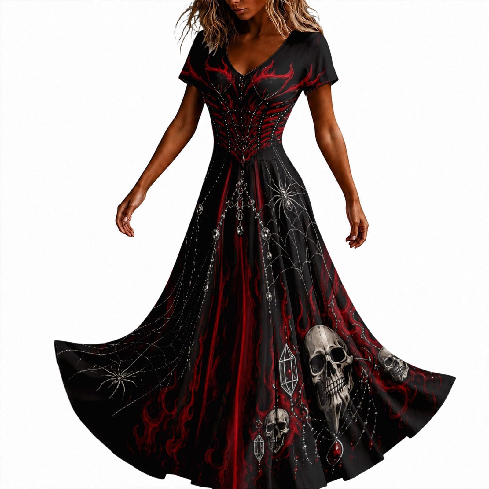 Halloween Dresses for Women UK Ladies Gothic Dress Skeleton Print Costume Short Sleeve V Neck Plus Size Costumes Scary Funny Skeleton Printed Halloween Elegan Flowy Maxi Dress Cosplay Party