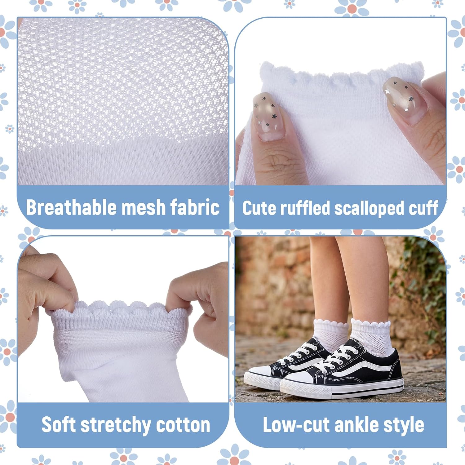 Fengek 5 Pack White Ruffle Socks, Cotton Mesh Toddler Socks for Little Girls, Cute Ruffled Breathable Ankle Sock