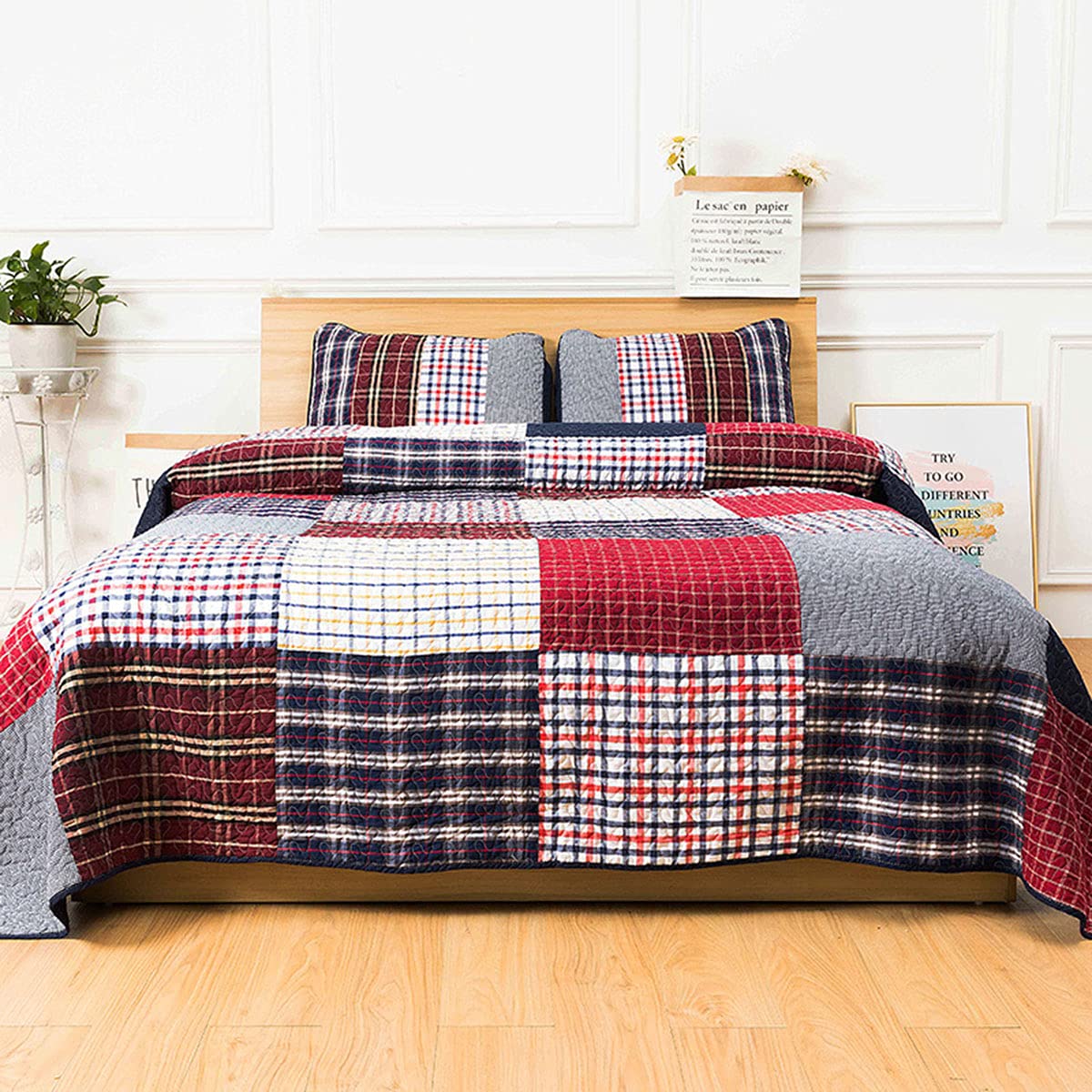 Sjdopulse Men's A Quilted Bedspread, 100%-Cotton Patchwork Quilt, Country Style Checkered Pattern Coverlet,Reversible Quilting, Ll Season Throw,3-Pieces Set,,89X94in