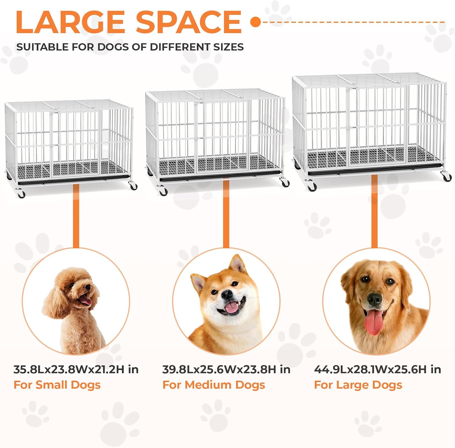 White 48 in Heavy Duty Dog Crate Steel Escape Proof, Indoor Double Door High Anxiety Cage, Removable Tray, Kennel with Wheels,XL XXL