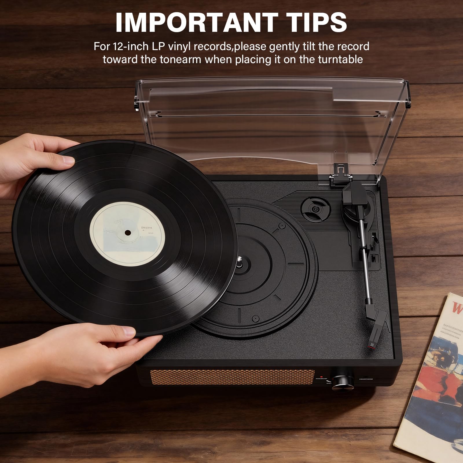Giradischi per vinile con 2 altoparlanti integrati, giradischi in vinile LP con trasmissione a cinghia vintage 3 velocità 3 dimensioni, riproduzione wireless Bluetooth, ingresso AUX, uscita RCA