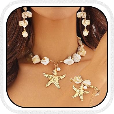Brishow Starfish Necklace and Earring Set Mermaid Shell Choker with Bracelet Beach Wedding Jewelry Sets for Women