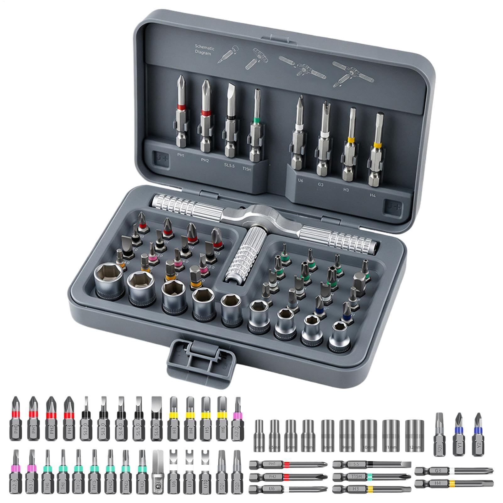 Set de destornillador de trinquete con mango en T 54 en 1 ergonómico | Destornillador magnético de trinquete para Bricolaje, Reparación: , Electrodoméstico, Bicicleta, Ordenador,