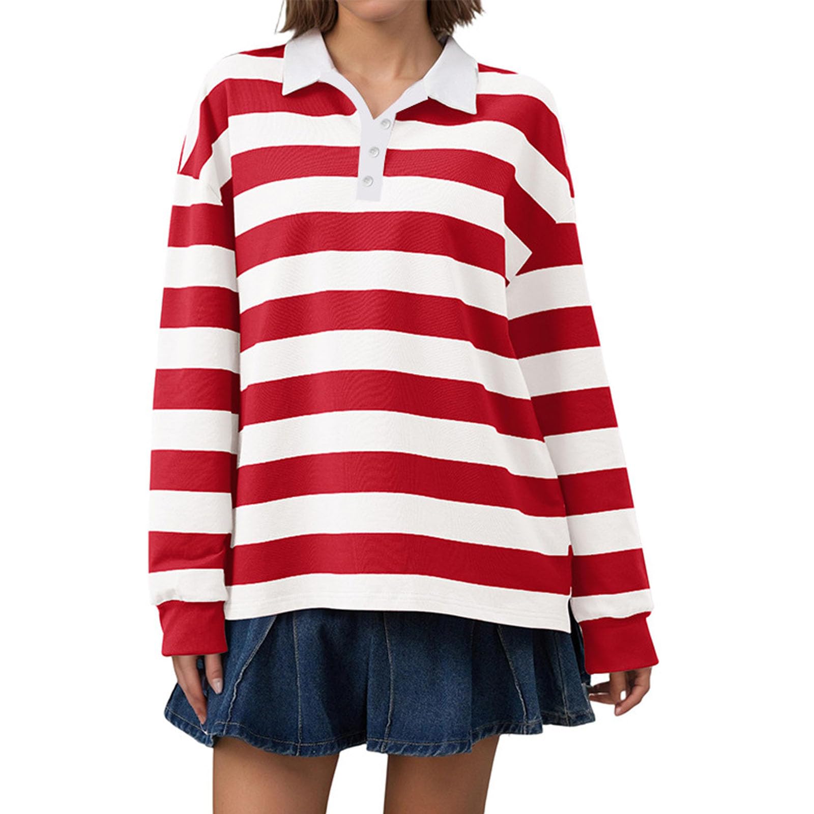 Damskie bluzy oversize kontrastowe paski z długim rękawem i kołnierzem | Damskie koszulki polo z długim rękawem, klapa z dekoltem w serek sweter top Y2k Streetwear na wiosnę i jesień