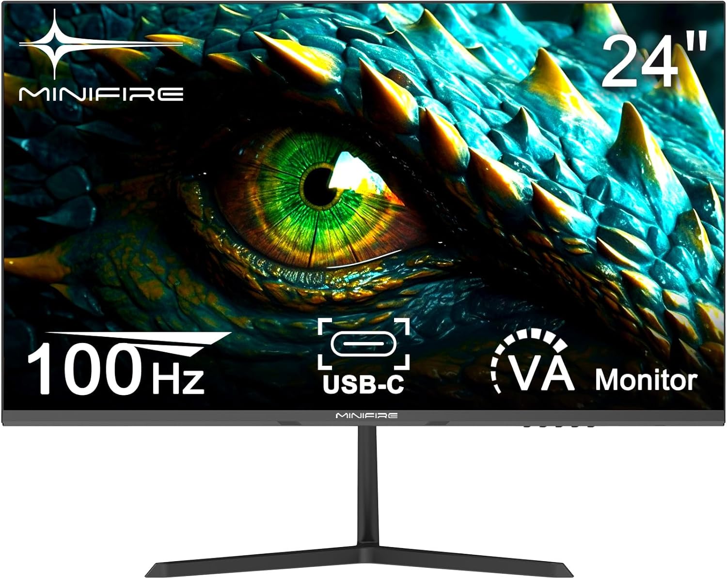 Minifire 24-inch Business Monitor, 1920×1080 Full HD, 100Hz, Fast VA Flat Panel, 4000:1 High Contrast Ratio PC Screen, 75% DCI-P3, HDR, 8 Bits, USB-C&HDMI 1.4, VESA 75x75mm (MF24X3AL)
