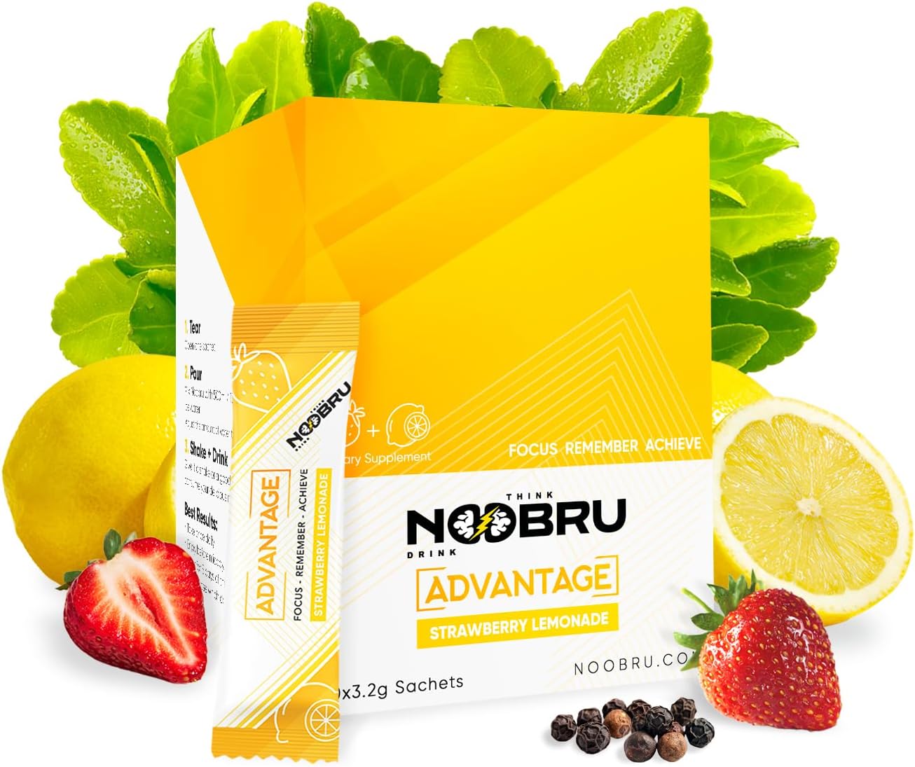 Noobru ะdvantage Nootropic - Delicious Nootropics Brain Supplement with 11 Active Ingredients - Natural Cognitive Enhancer - 20 Strawberry Lemonade Sachets - 1 Month Supply, 20 Count (Pack of 1)