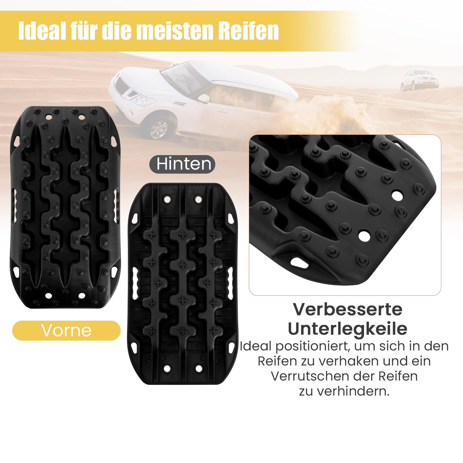 COSTWAY 2 Stücke Anfahrhilfe Sandbleche Offroad, Reifenleiter für Sand/Schlamm/Schnee, 10T, Recovery Board Tracks Mats, Traktionsmatte für Geländewagen Wohnmobil PKW LKW (Schwarz, 58 x 31 x 6 cm)