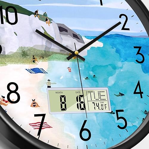 Miniatura 3 de Reloj de pared silencioso con temperatura día y fecha, montaña azul y mar playa, reloj de cocina sin tictac, pantalla grande digital, funciona con