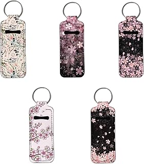 Biyejit 5 Pieces Pink Cherry Floral Clip-on Sleeve Chapstick Holder Keychains Lipstick Holder Keychains Chapstick Keyring Holder Protable Lip Balm Gloss Holder