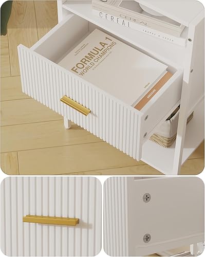 Miniatura 5 de Mesita de noche blanca con estación de carga, mesa auxiliar acanalada con cajón, moderna mesita de noche con estantes abiertos para sala de estar,
