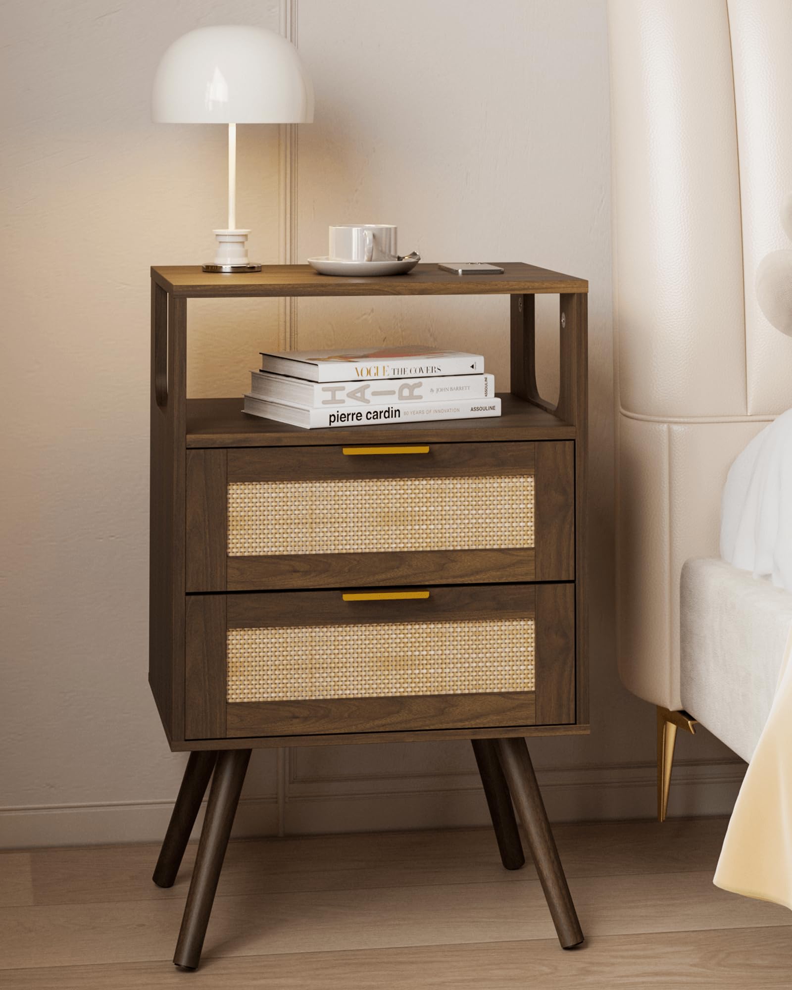 Photo 1 of JOONEE Rattan Nightstand,Farmhouse Bedside Table with 2 Storage Drawer and Open Wood Shelf, for Bedroom and Small Spaces,Night Stand with Solid Wood Legs (Walnut Brown)