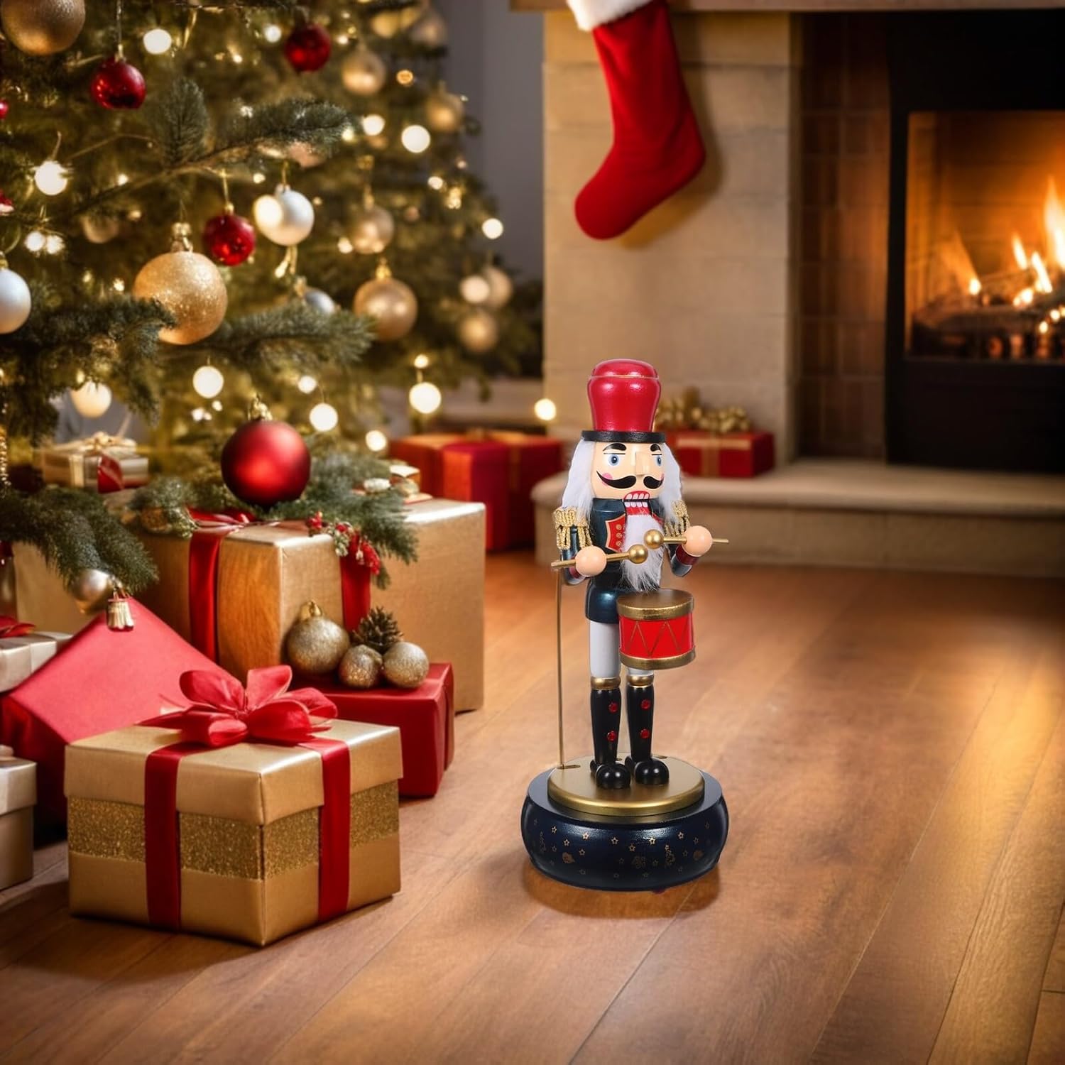 BESPORTBLE Christmas Nutcracker Music Box with Wooden Soldier Figurine, Blue Round Base, Traditional Wind-up Holiday Decor for Living Room and Xmas Party Centerpiece