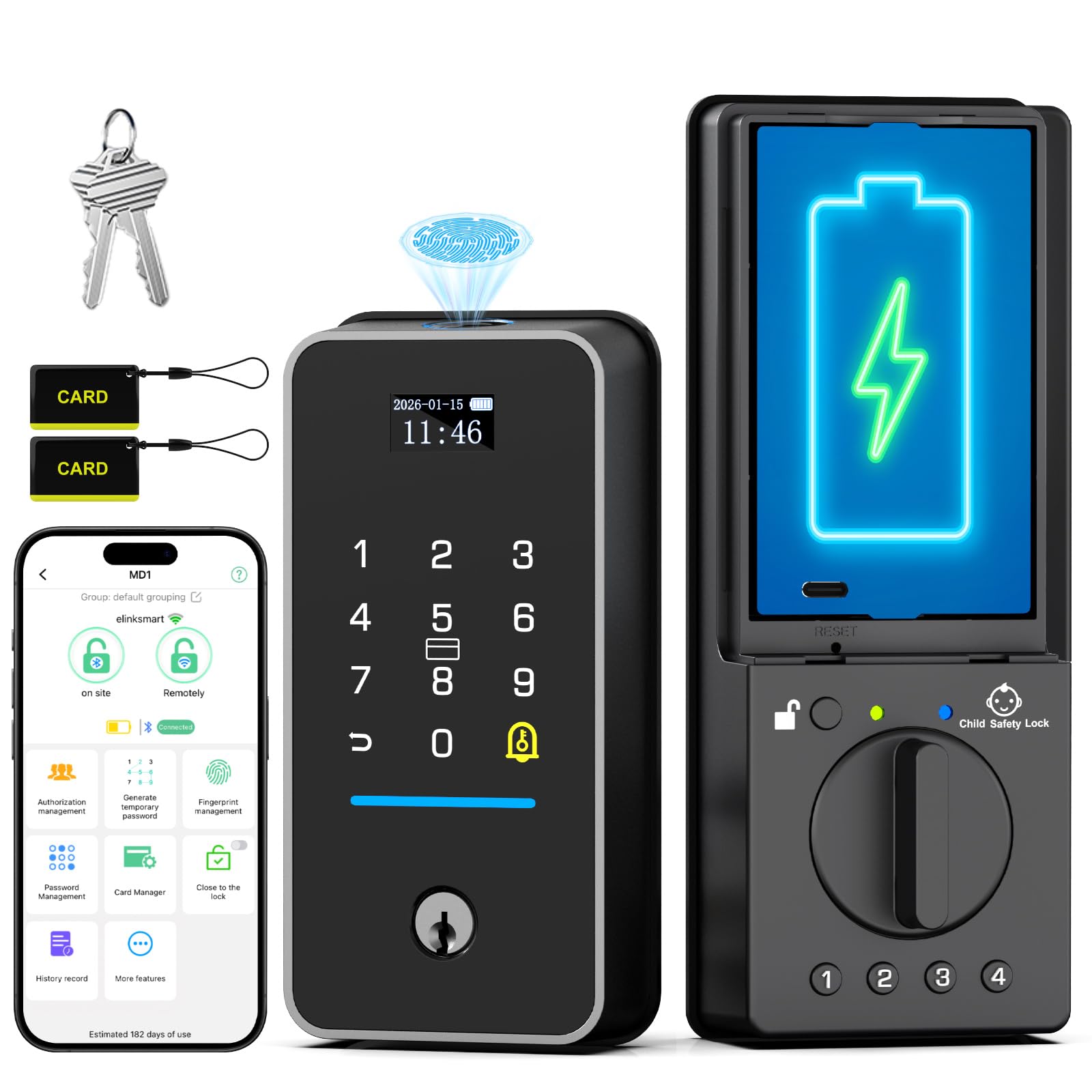 Bestkid Keyless Entry Door Lock with Child Safety Mode, Fingerprint Smart Deadbolt Baby Proof Lock for Front Door Bedroom, Bluetooth App & Built-in WiFi Remote Control, RFID Card, Pin Code, Auto-Lock