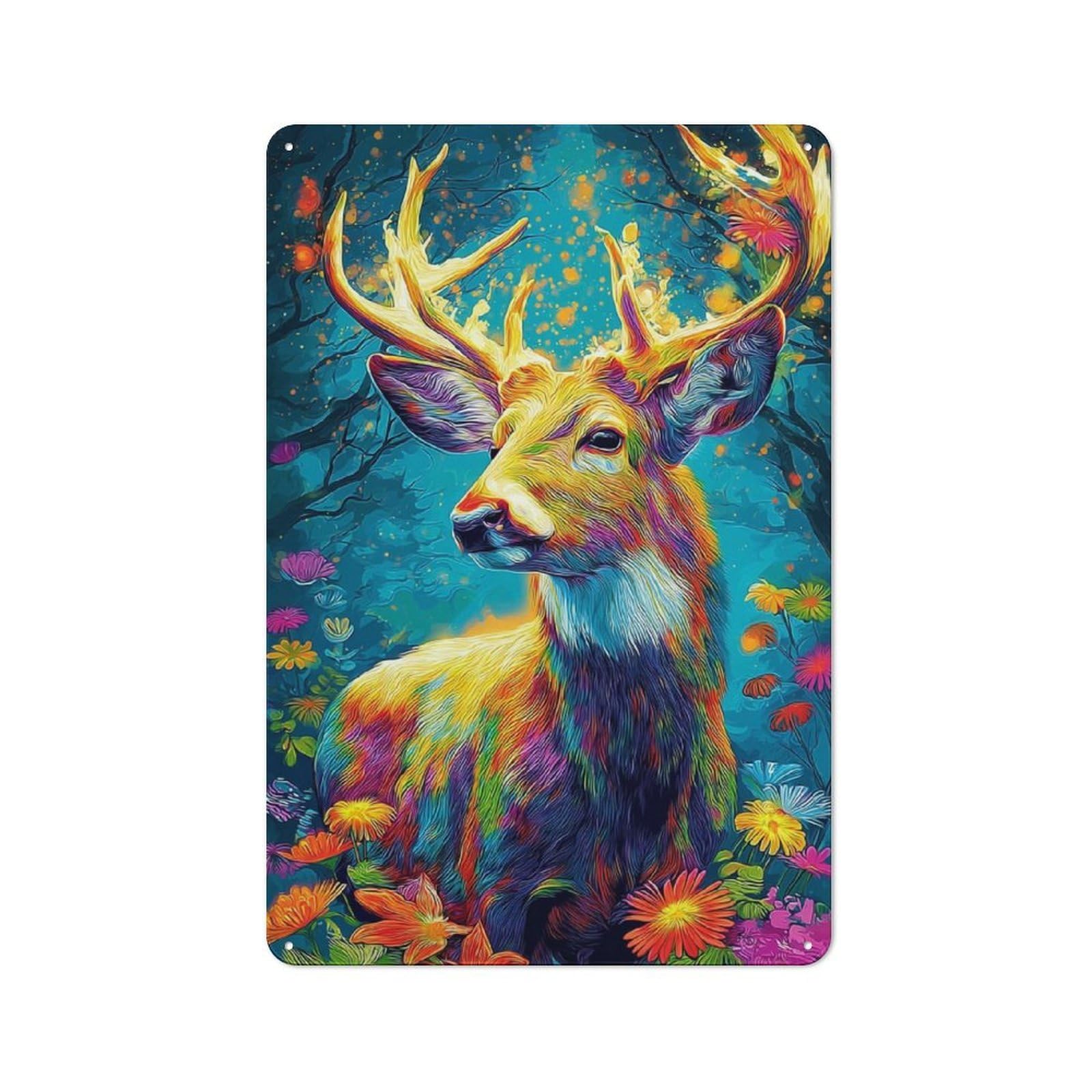 Junmoney Colorful Deer In Fantasy Forest Farmhouse Metal Sign With Design 30X20cm, Rustic Rustic Kitchen Decor For Dining Room, Cafe, Entryway Or Family Room