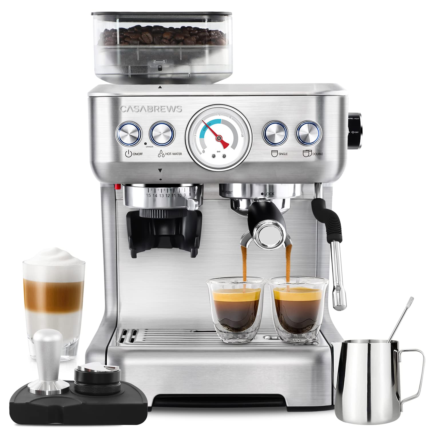 CASABREWS Espresso Machine With Grinder, Professional Espresso Maker With Milk Frother Steam Wand, Barista Latte Machine With Removable Water Tank for Cappuccinos or Macchiatos, Gift for Mom Dad