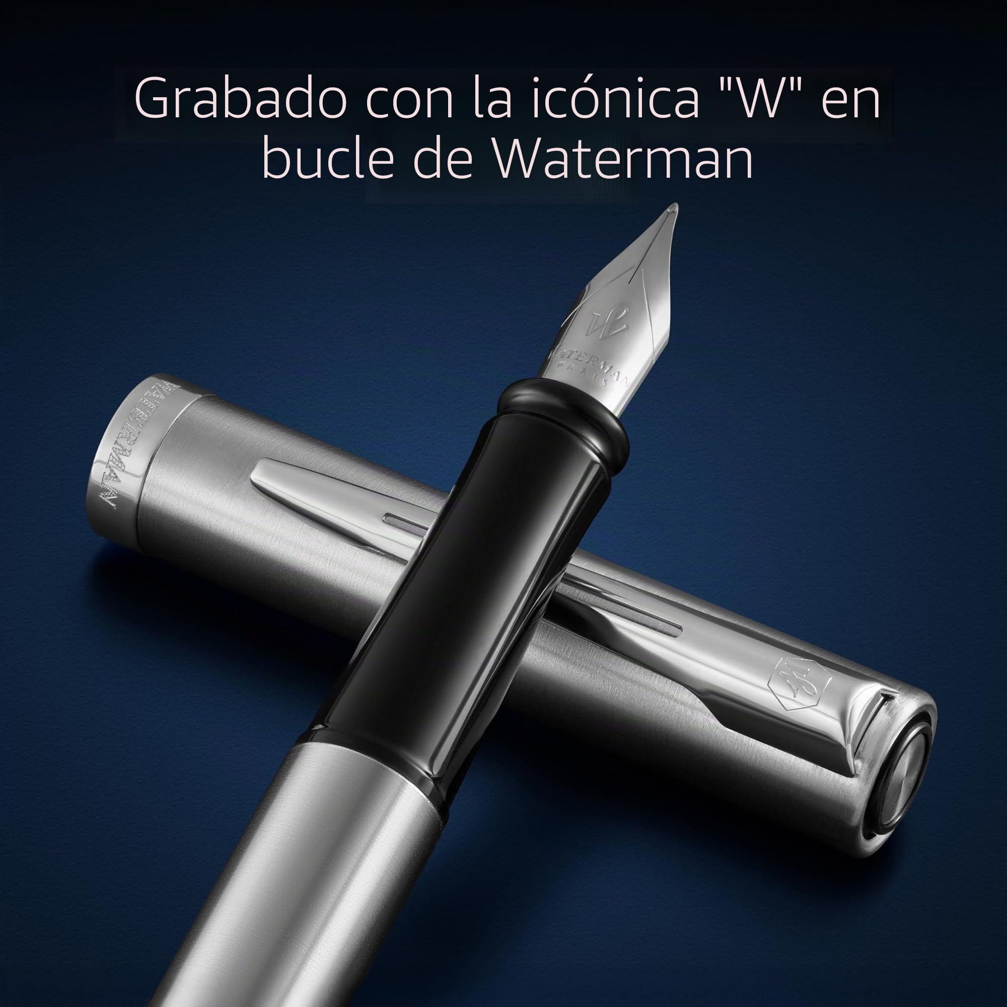 Waterman Impression Pluma estilográfica | Plumín fino con recarga de tinta azul | Acero inoxidable con adornos chapados en paladio | Caja de regalo
