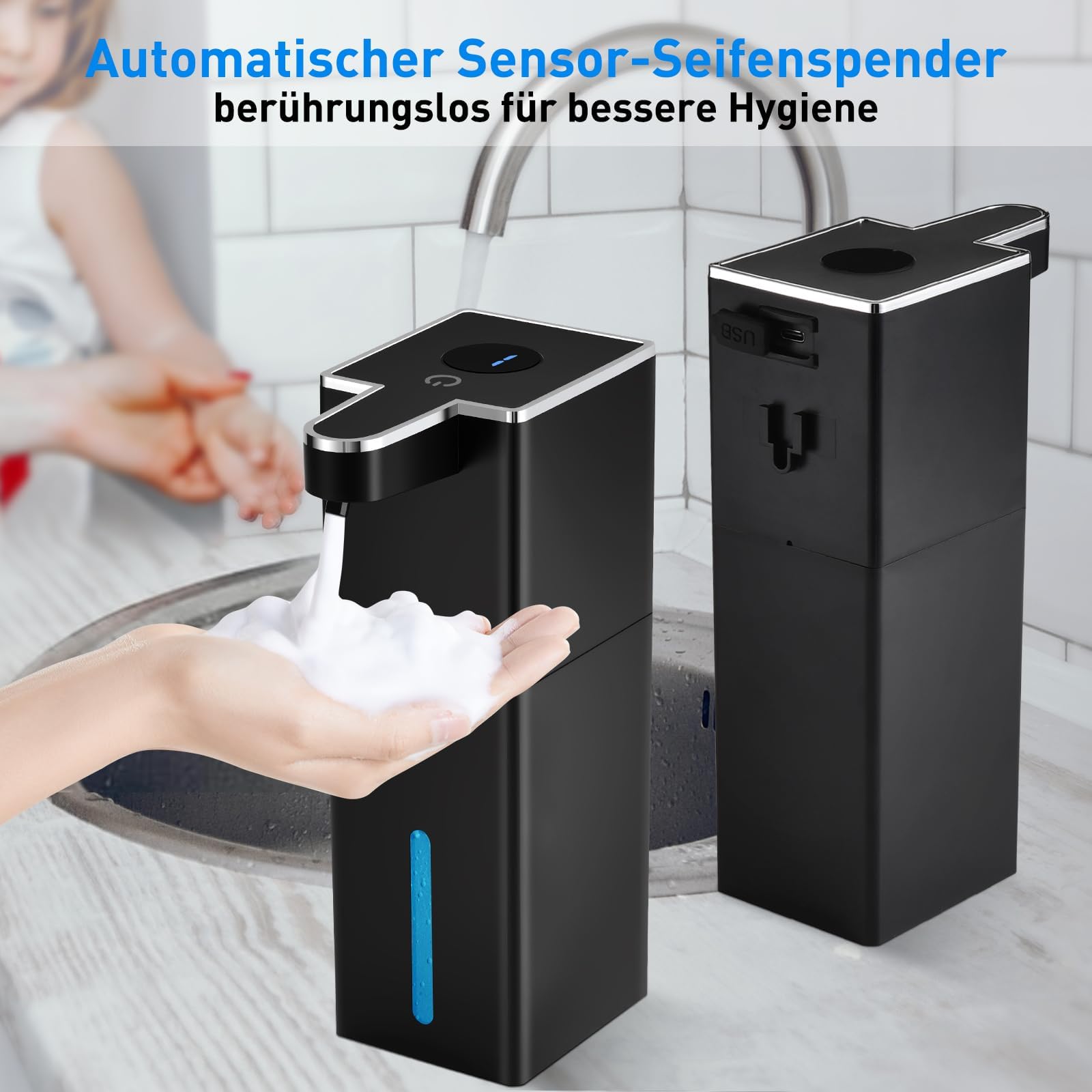 2 dispenser di sapone automatico, fissaggio a parete, senza contatto, 440 ml, 4 livelli regolabili con sensore, ricaricabile USB, 1800 mAh, per cucina, bagno, scuola, hotel (nero)