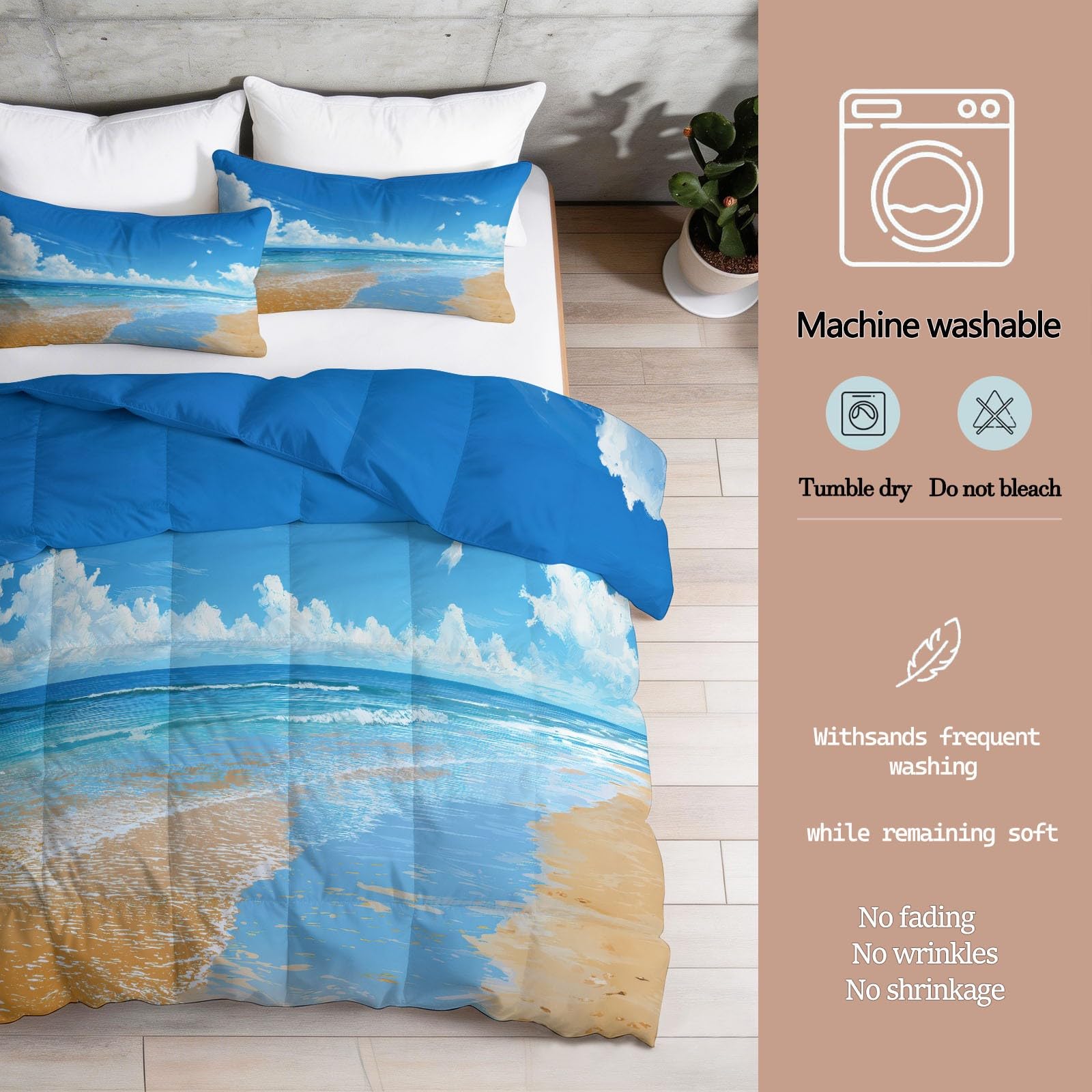Piumino senza copertura con nuvole di mare 200 x 200 cm, reversibile, stampato, morbido, trapuntato, per letto matrimoniale, 4,5 tog, per tutte le stagioni, per fotografia, spiaggia, trapuntato