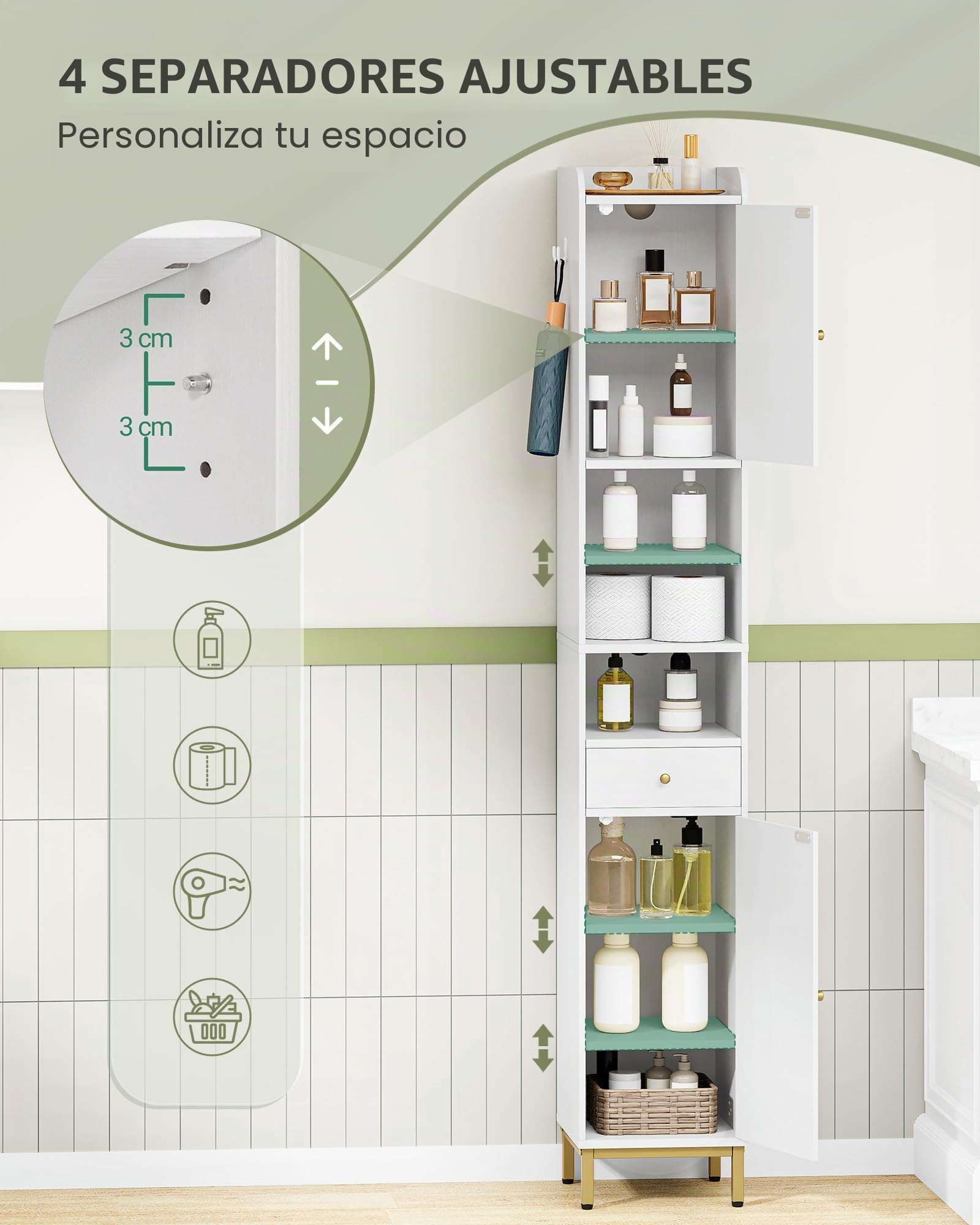 Hzuaneri Armario para Baño Alto, Armario Estrecho para Papel Higiénico con 2 Puertas y Cajón, Organizador de Baño con Estante Ajustable para Dormitorio, Salón, Estudio, Blanco BC29013G | Baño alto con 2 puertas y cajón, compartimento abierto, armario de b