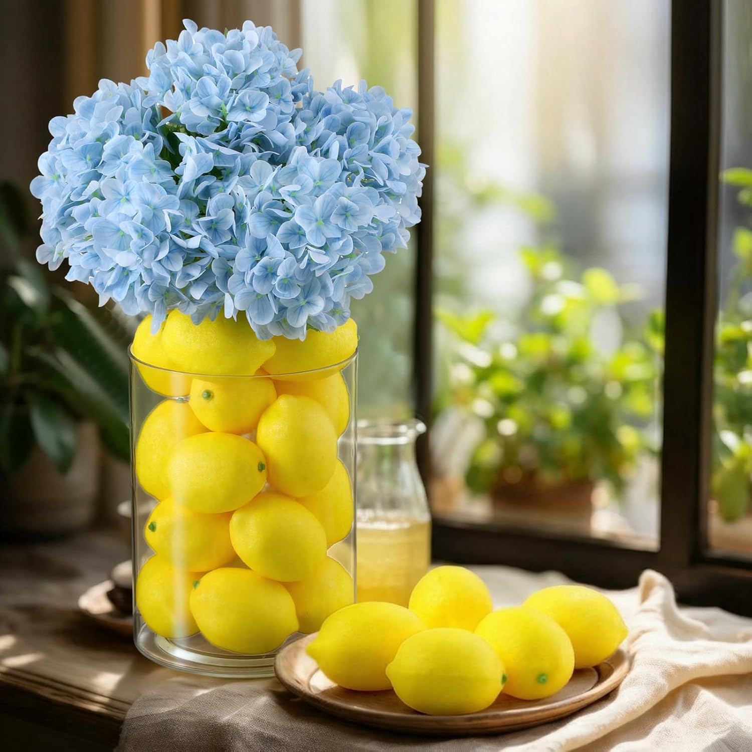 Suncalla 25 Pcs Lemon Vase Filler Decorations Kit, Artificial Lemon Blue Hydrangea Table Centerpiece, Long Stem Floral Decor for Farmhouse Home Kitchen Wedding Spring Summer Decoration