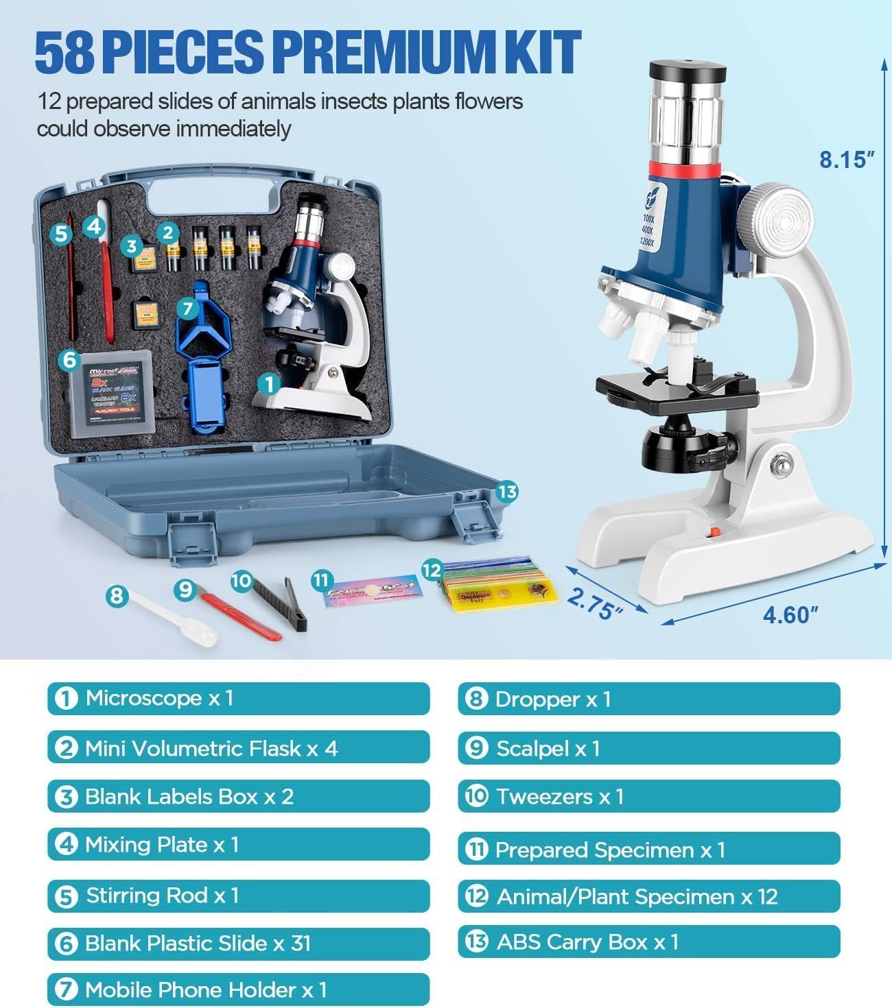 NOKA Microscope for Kids - 58-Piece Science Microscope Kit 1200X