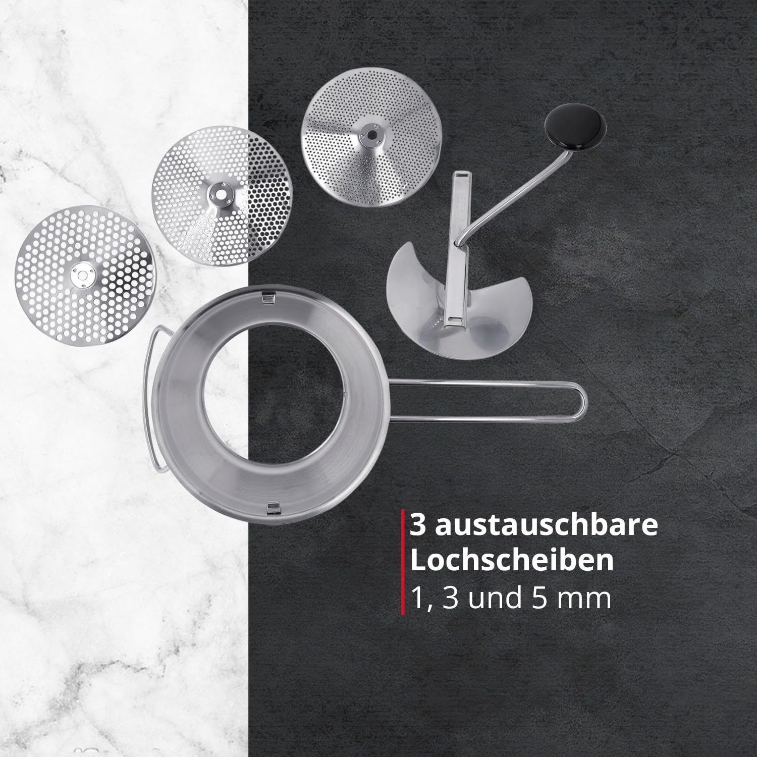 MEISTERKOCH Passiermühle aus Edelstahl 22 cm Durchmesser, 2 Liter Volumen, mit 3 Lochscheiben spülmaschinengeeignet | Passiergerät zerlegbar für Obst und Gemüse