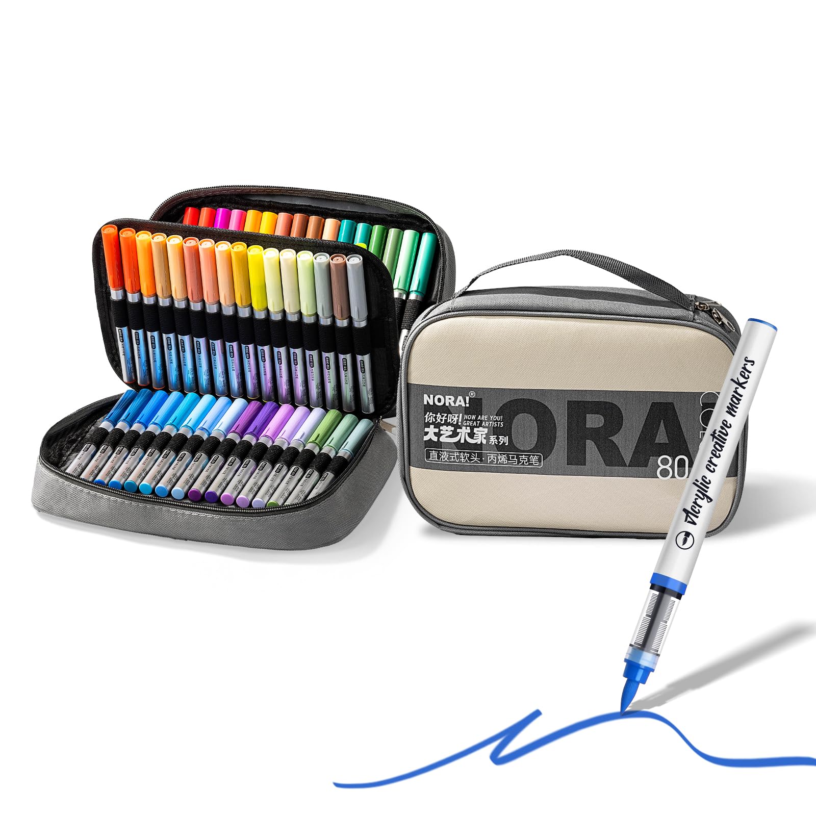 SKYGLORY 80 Colour Strong Coverage Acrylic Markers Set, Odorless Direct Liquid Markers Zippered Canvas Pouch for Handmade Gift Creation & Community Art Sessions Supplies (80)