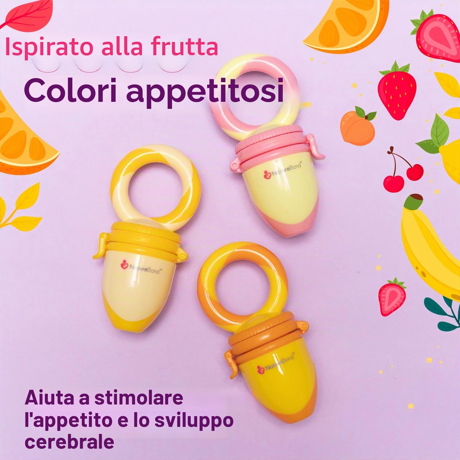 Ciuccio per Frutta Neonati Alimenti NatureBond (2 Pezzi) – Gioco per Stimolare la Dentizione dei Bambini in Colori che Stimolano l’Appetito (Giallo e Aranciona)
