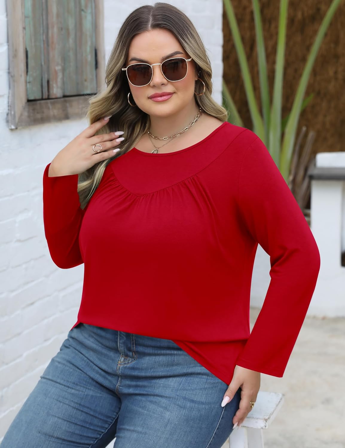 TFSDOD Womens Plus Size Tops Long Sleeve Blouses Crew Neck Shirts Casual Loose Tunic Tops 1X-5X - Image 4